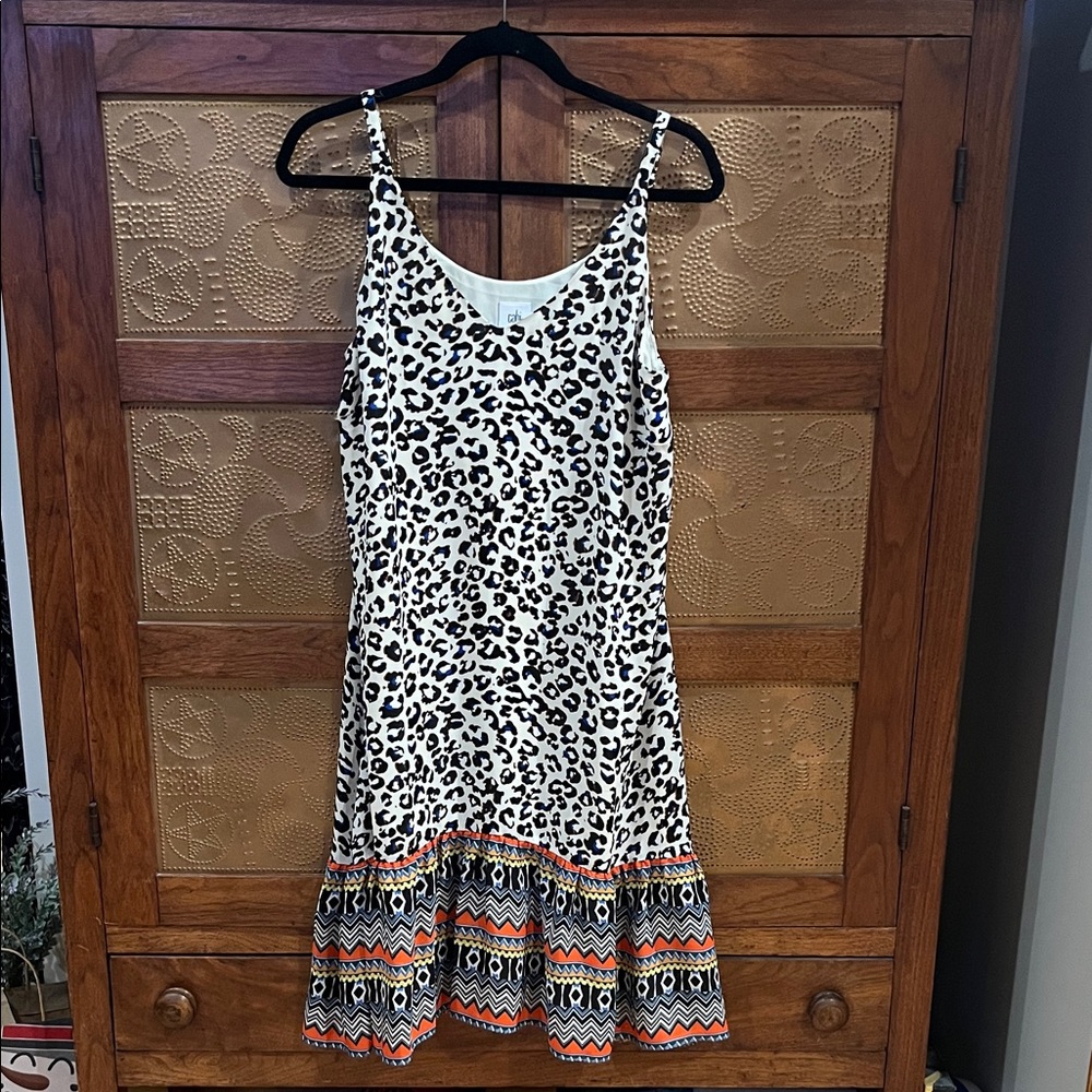 CAbi Cream Leopard Print Spaghetti Strap Dress with Blue & Brown Accents